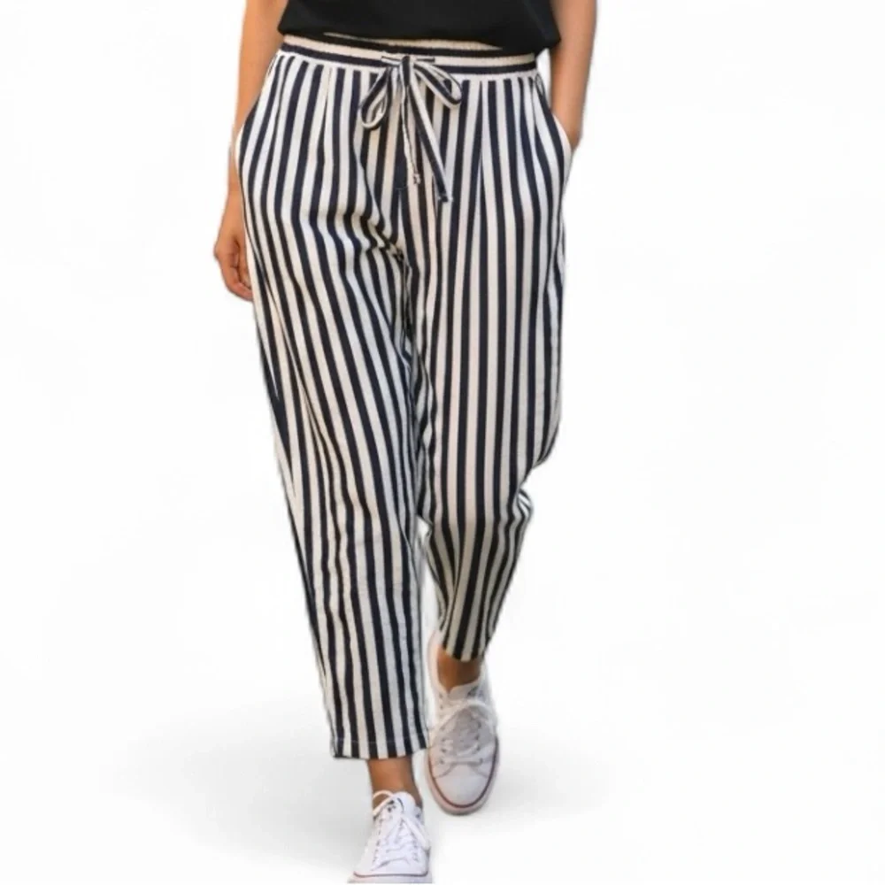 ZARA Navy White Striped Paperbag Waist Pants Size 8 - Picture 3 of 13